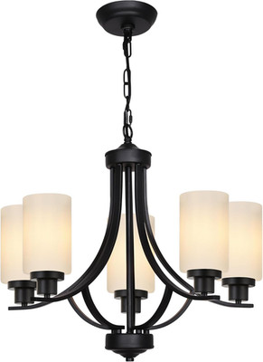 5-Light Black Chandelier with White Glass Shade for Dining & Kitchen