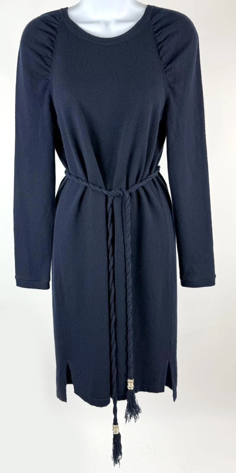 Abito maglione donna Chanel 2018 blu navy manica lunga cashmere nappa cravatta taglia 40