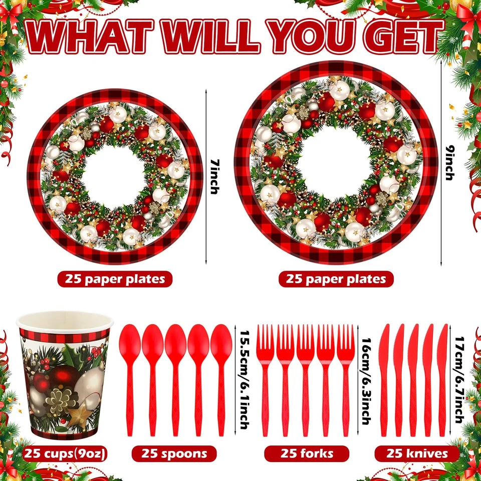 150 Pcs Buffalo Plaid Christmas Ball Tableware Set for 25 Guest, Farmhouse Ch... - Image 2 of 4