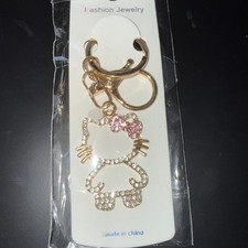 HELLO KITTY White Rhinestone Gold Tone Keychain/ Bag Charm W/Full PINK BOW