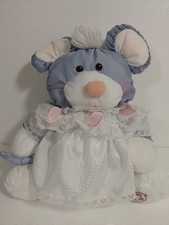 Vtg. Fisher Price Puffalump Gray Blue Mouse 1987 Plush White Dress Pink Hearts
