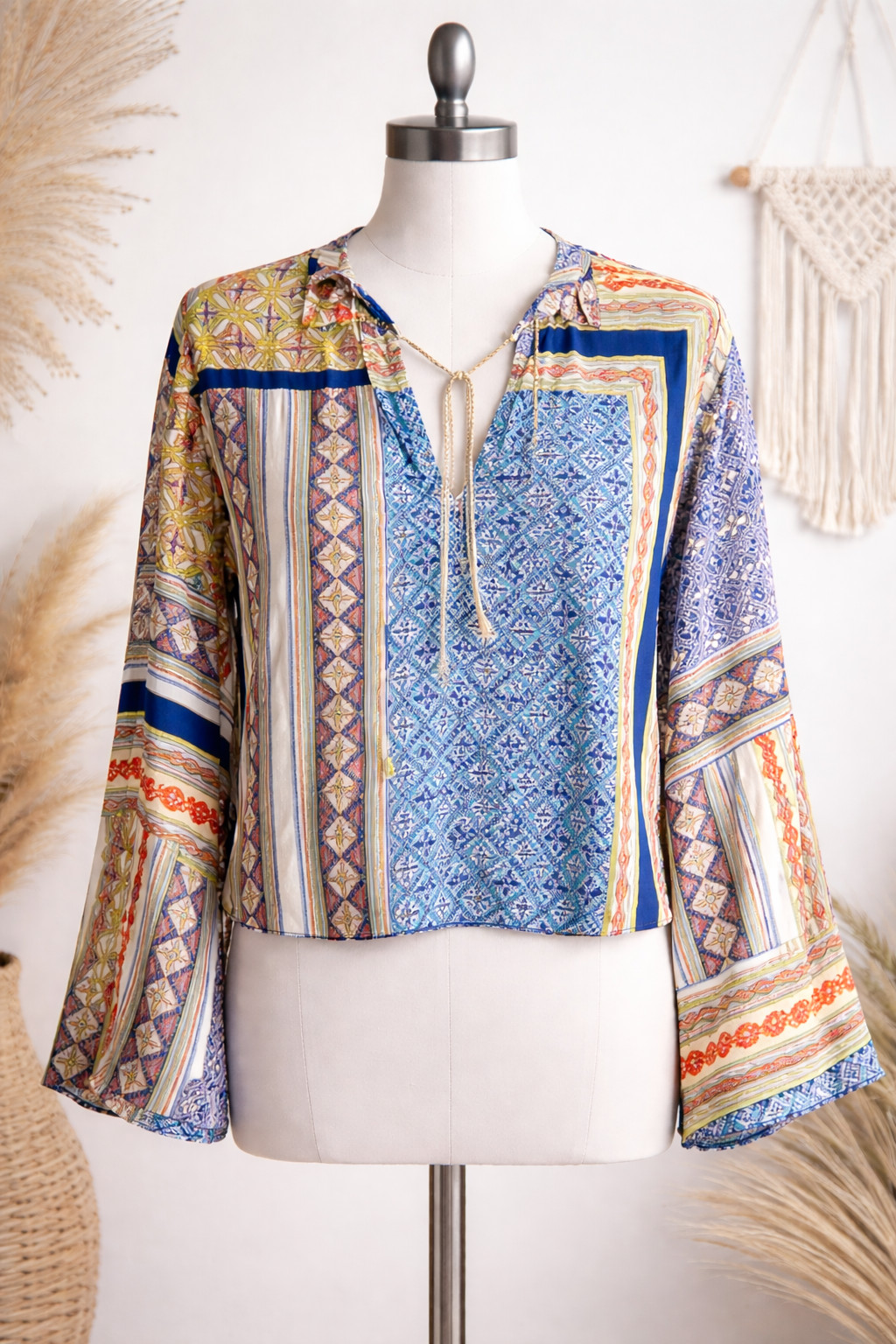 Boho Patchwork Bell Sleeve Blouse S Olivaceous Ti… - image 1