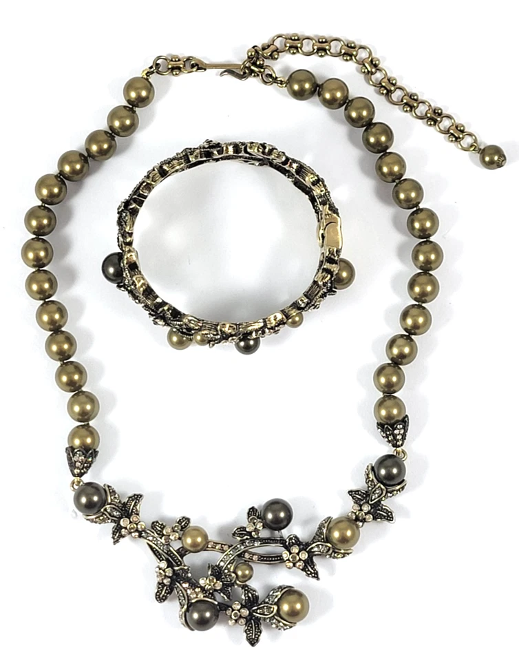 Raro Collar y Pulsera Heidi Daus Perla y Cristal Verde Oliva Gris Oscuro Foto 2 de 4