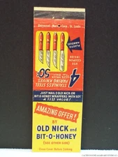 Bit-O-Honey Old Nick Candy Bars Advertisement Matchbook Cover Knife Offer 1950