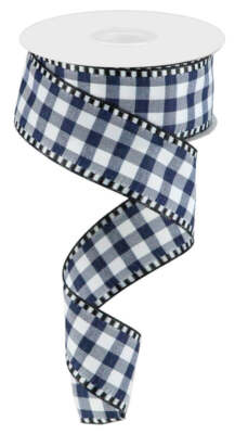 Gingham Check w Check Edge Ribbon, Navy Blue/White w Blk/Wht Edge