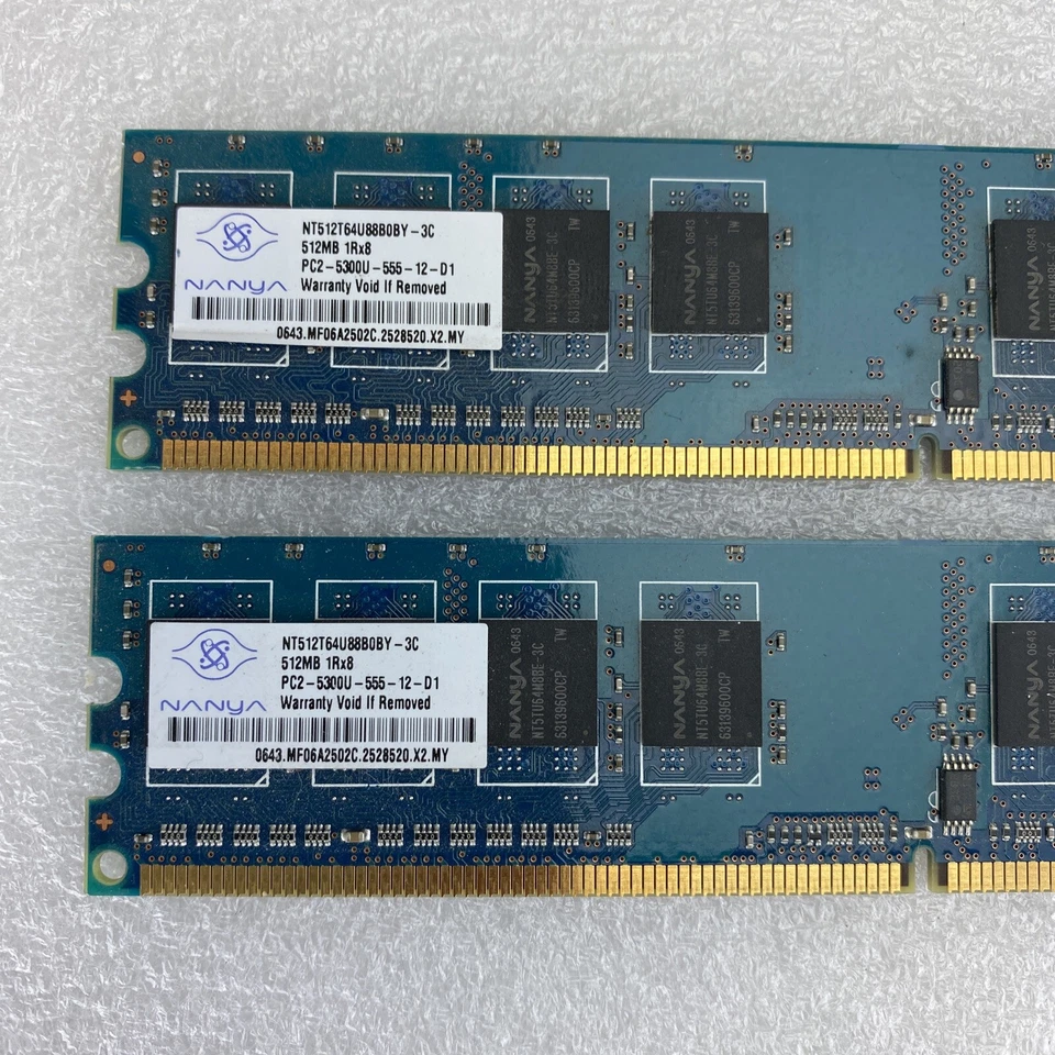 2x 512MB Nanya NT512T64U88B0BY-3C 1Rx8 PC2-5300U-555 667MHz DDR2 memory RAM  - Image 2 of 4