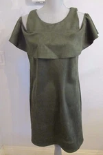 NWT MSK M & L OLIVE GREEN FAUX SUEDE SHORT SLEEVE COLD SHOULDER w/RUFFLES DRESS