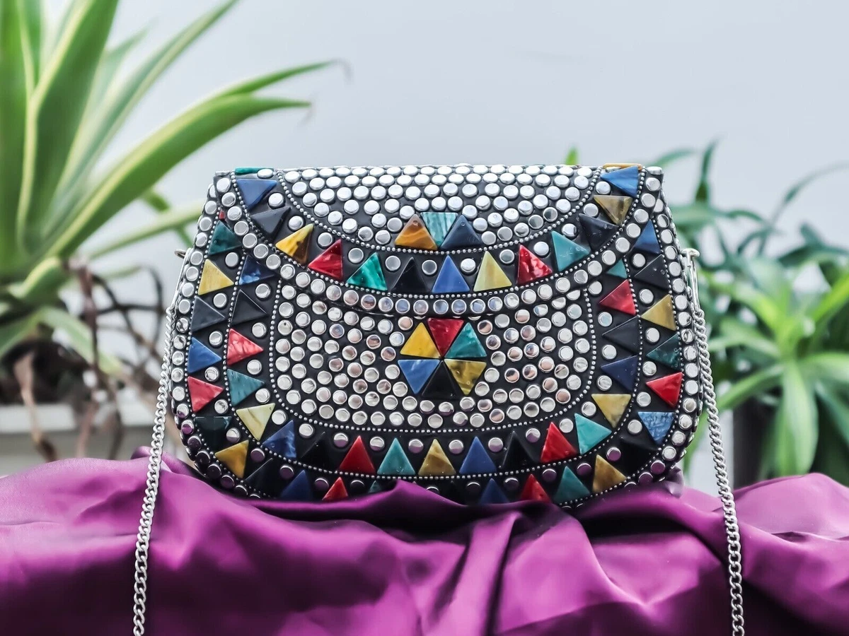 Beautiful Multicolor Handcrafted Stone Metal Clutch Sling Party Wear Hand Bags