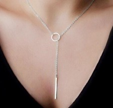 SIMPLE SILVER TONE CIRCLE LARIAT BAR BOHEMIAN DESIGN NECKLACE UK SELLER CIRCULAR