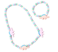 Childrens Girls Kids Dinosaur Bead Charm Stretch Necklace and Bracelet Set