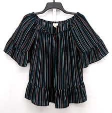 LOFT Blouse Women's Small Black Pinstripe Ruffles 100% Polyester