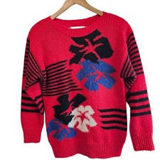 Western Connection Vintage Sweater Womens Medium Red Floral 80s Retro Glam Rock