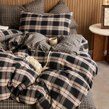 Vintage Buffalo Plaid Duvet Cover Queen Red Black Green Muslin Cotton 3-Piece