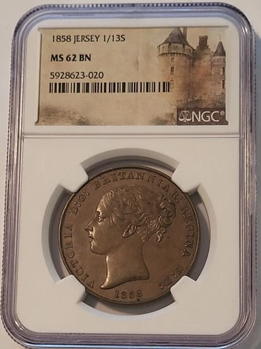 Jersey Victoria 1858 1/13 Shilling MS62 BN NGC