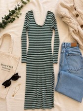 American Eagle Women’s Medium Ribbed Striped Midi Dress Long Sleeve Green White