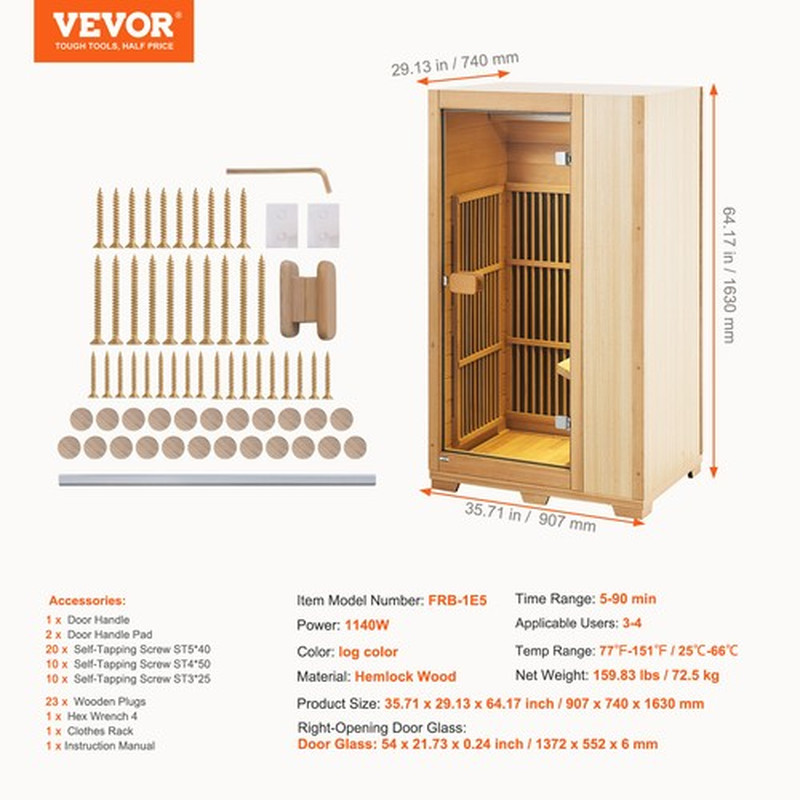 VEVOR Sauna De Madera Con Infrarrojos Lejanos 1140 W 907 X 740 X 1630 Mm 25-66 ℃