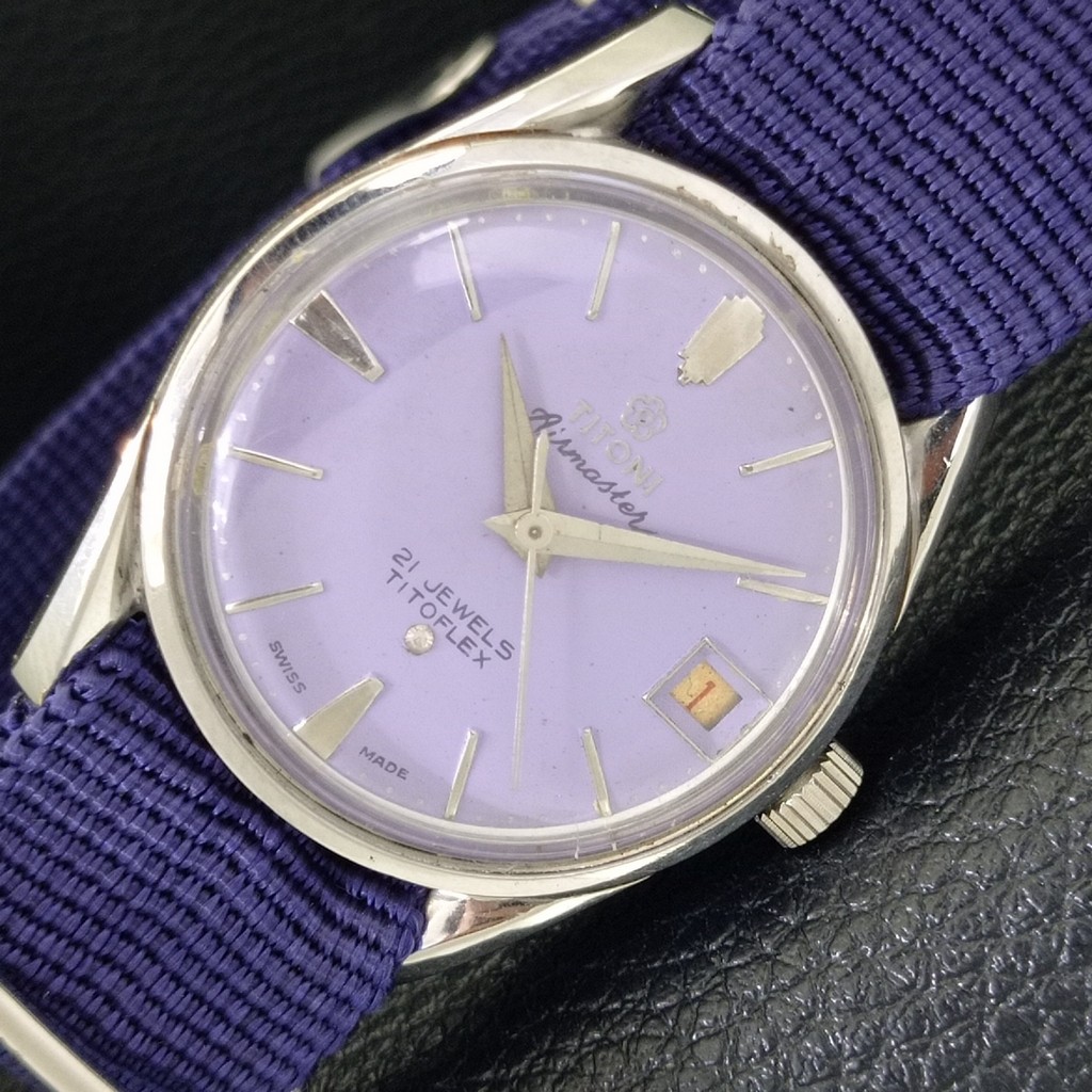 a702035-1 WATCH HAND-WINDING VINTAGE AIRMASTER PURPLE TITOFLEX SWISS MENS TITONI - vintagewatches.pk