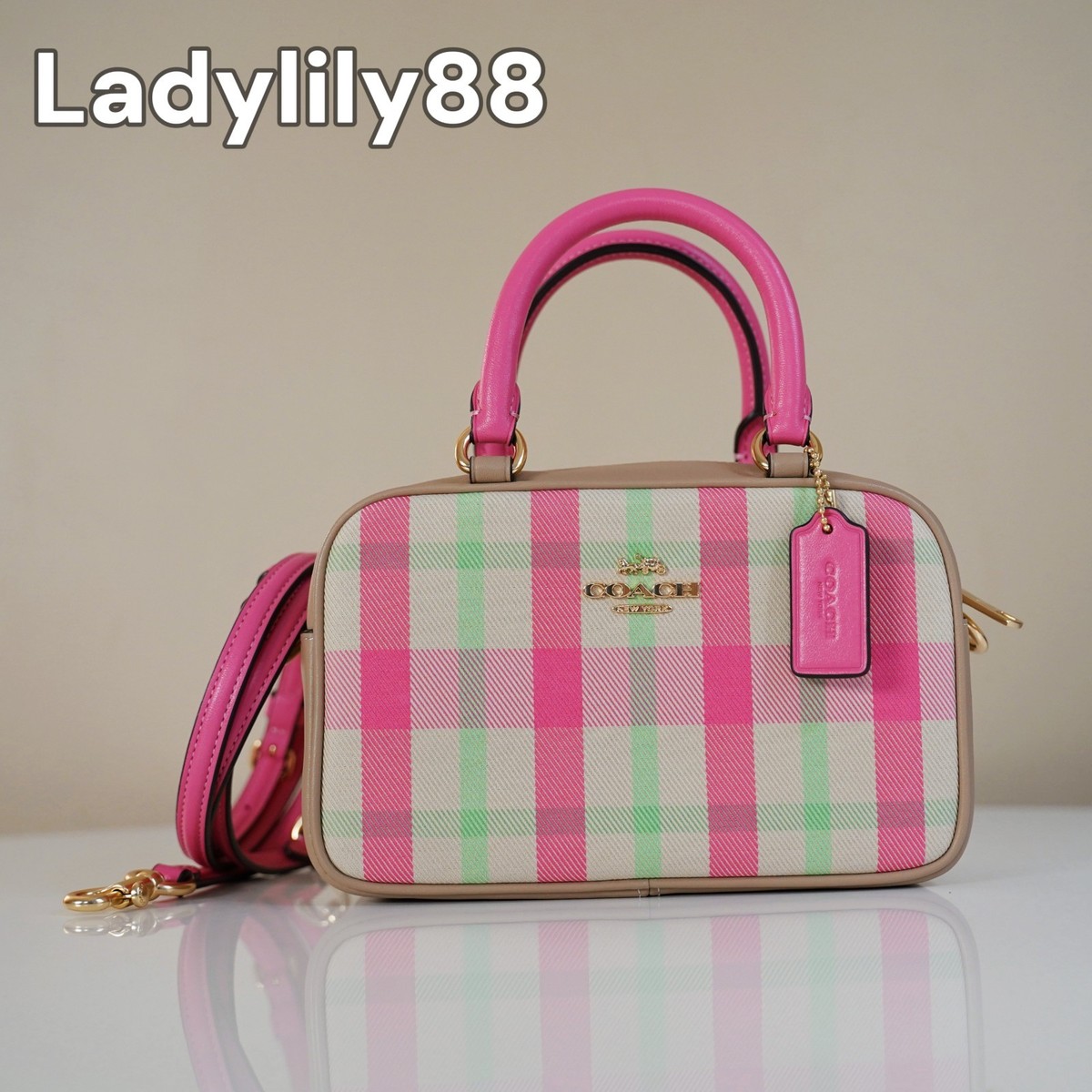 NWT Coach Satchel Crossbody Bag With Plaid Print CBI90 Pink Bright