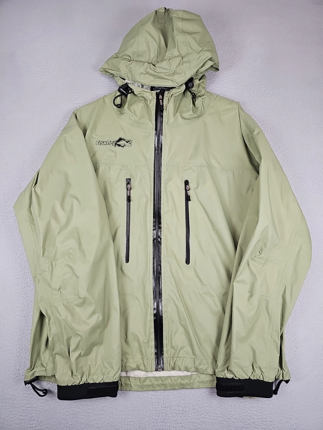 Fish Age Rain Jacket Men's Medium Green Zip Pockets Hooded Packable