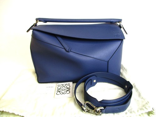 Auth LOEWE Indigo Dye Classic Calfskin w/Strap Large Puzzle Edge Bag #b276