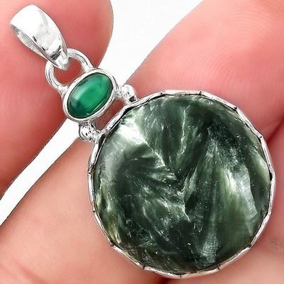 Russischer Seraphinit und grüner Onyx 925 Sterling Silber Anhänger Schmuck P-1637