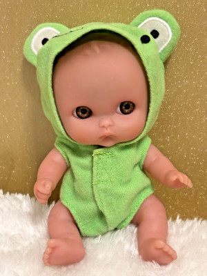 5'' Berenguer Doll (preloved) Brown Eyes & Pout with Original Frog Suit