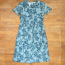 Vintage Tropical Floral Dress Size Medium 90s Teal Hawaiian Style Shirtdress