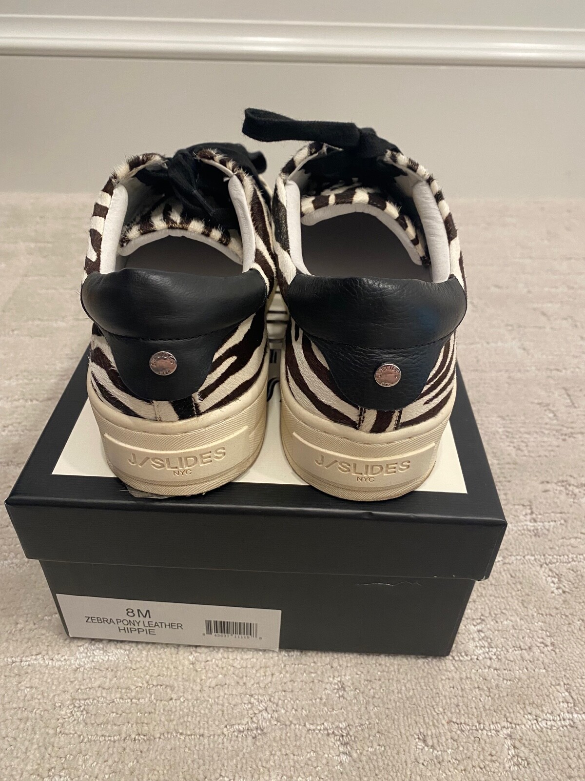 J Slides Sneaker hippie Zebra Pony in pelle bianco marrone da donna taglia 8