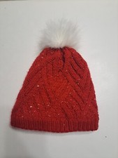Old Navy Faux Fur Pom Pom Beanie Hat Knit Red White Sparkly