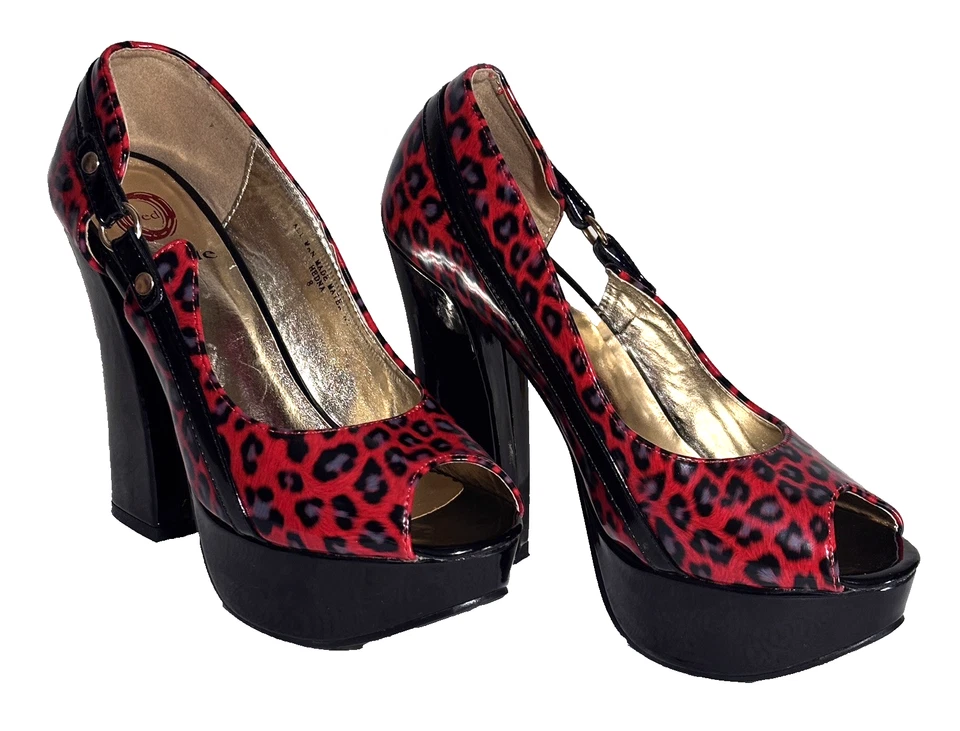 WOMENS RED CIRCLE SHOES - 8 - RED & BLACK LEOPARD PRINT  - HEELS/PLATFORM - NEW - Image 3 of 4