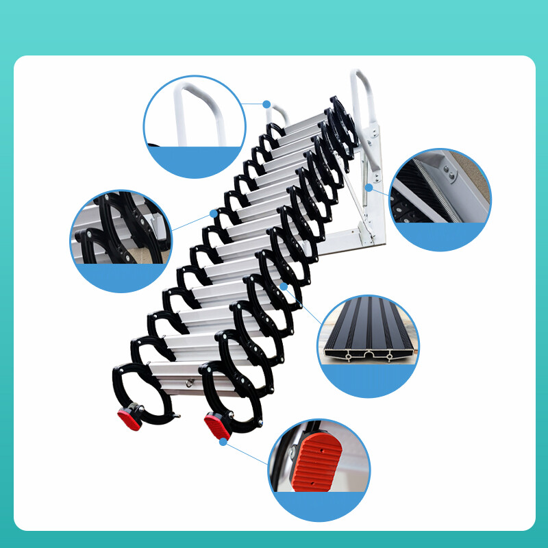 Intbuying Black Wall Mounted Folding Extension Ladder Loft Stairs Attic 12 Steps-image