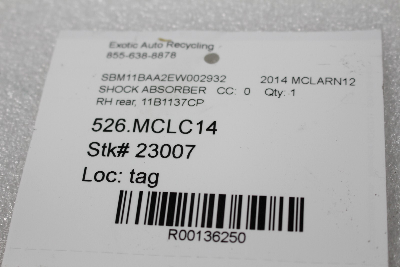 McLaren MP4-12C, RH, Right, Rear Shock Absorber, Used, P/N 11B1137CP