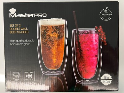 RARE! MasterPro DOUBLE WALL Beer Glasses 18 oz Borosilicate Glass FAST FREE SHIP