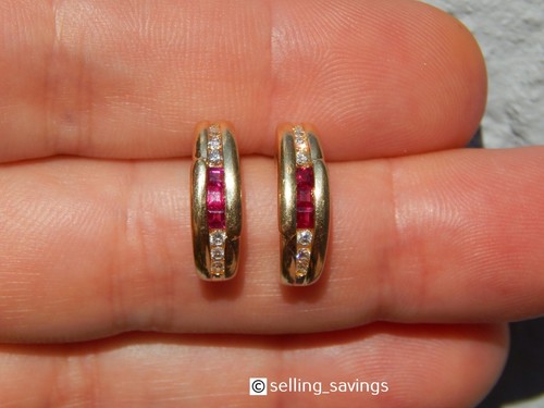14K SOLID YELLOW GOLD 1.08 TCW RUBY & DIAMOND 7/10th INCH TALL HUGGIE EARRINGS - Picture 17 of 21
