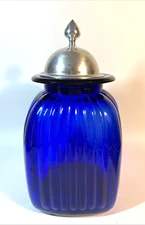 Vintage Ribbed Apothecary Cobalt Blue Glass Jar Canister Metal Lid 12”
