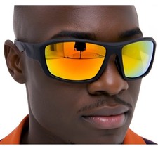 Mens Sport Sunglasses Mirrored Lenses Black Frame Wrap Around Style Athletic New