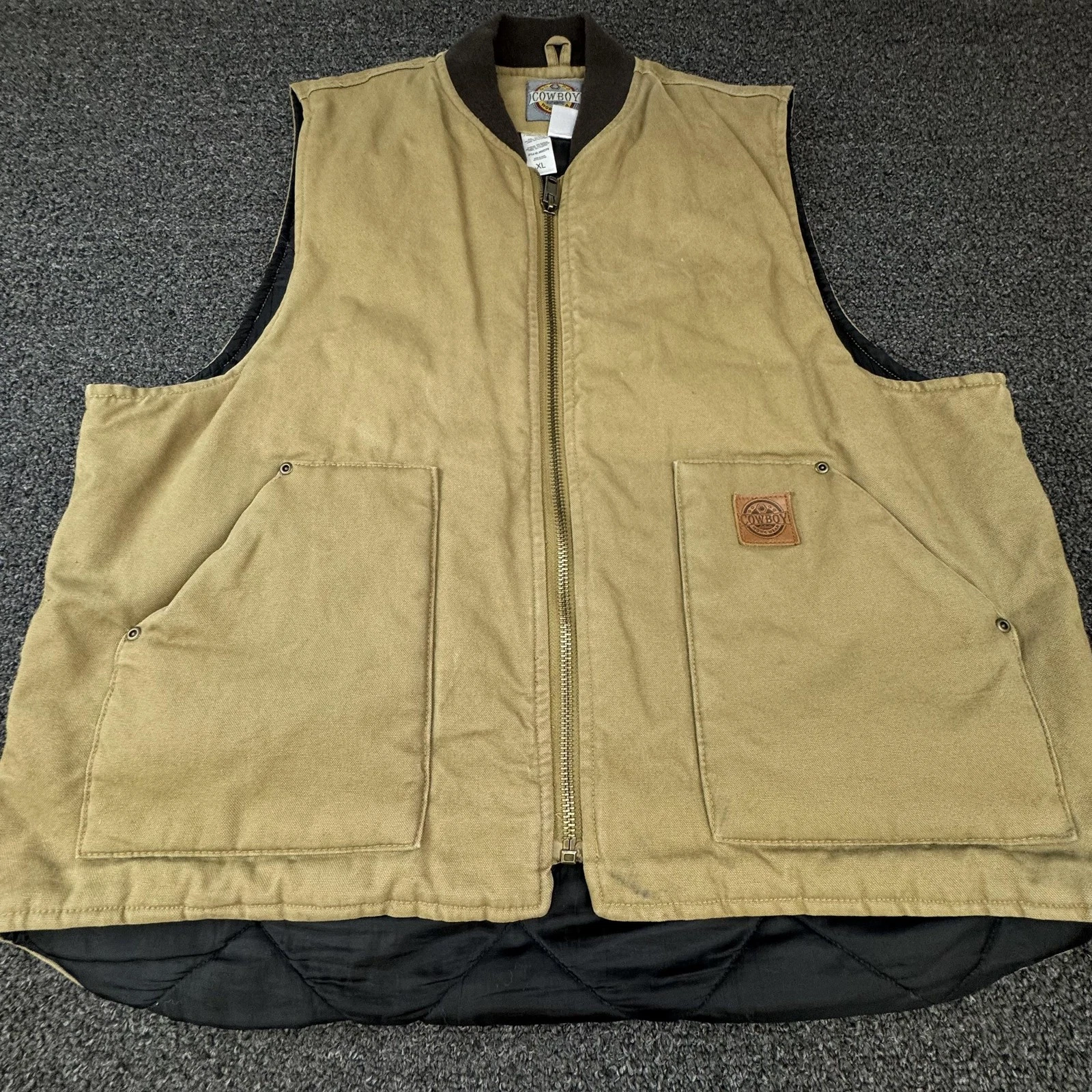 Cowboy Vest Mens XL Beige Quilted Canvas Cotton Pockets Full Zip Insulated