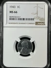 1943 1C  Lincoln Wheat One Cent NGC MS66   8699720-017