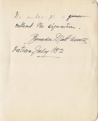 Brander Matthews Signed Autograph Quote 1892 Author Drama Critic Columbia NY