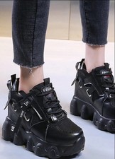 Chunky Platform Trainers, Flatform Sneakers, Lace Up Front, Black - SALE
