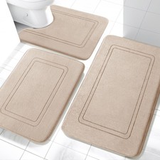 3 PCS Beige Memory Foam Bathroom Rug Set Non Slip Bath Mat Washable U Shape