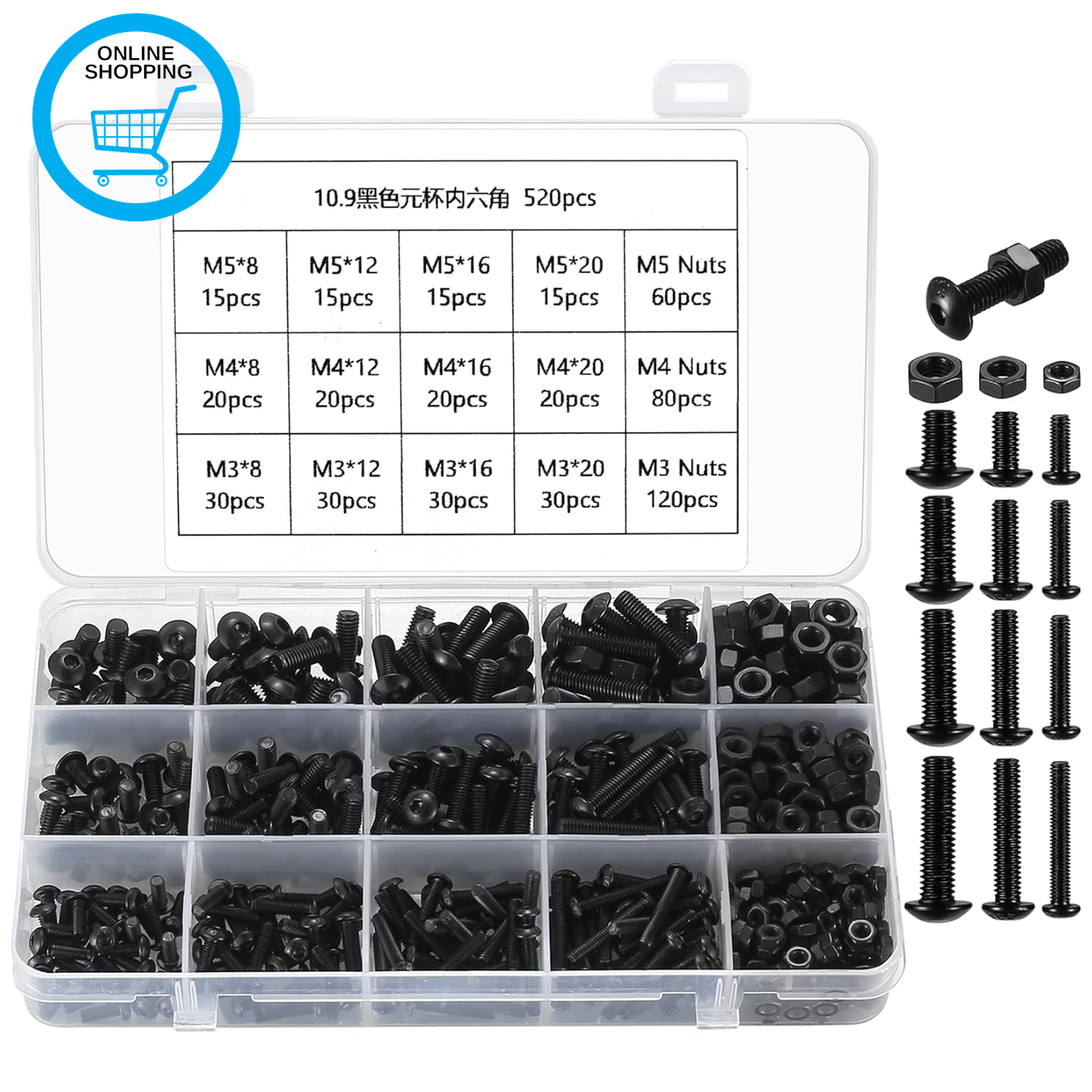 520 PCS Flat Head Screws with Nuts, M3/M4/M5 Carbon Steel Screws with Hex Nuts,