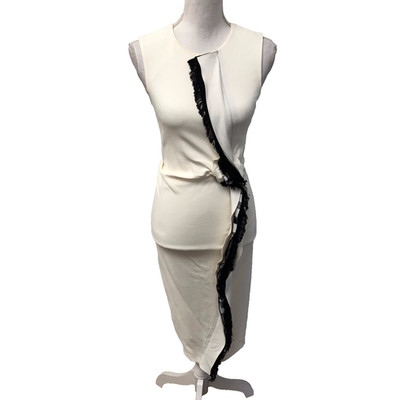 Sportmax Defile Sheath Dress Womens 0 Midi Ivory Sleeveless Black Fringe Career