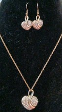 Gold Tone Rhinestone Heart Pendant Necklace Dangle Drop Earring Gift Set Love