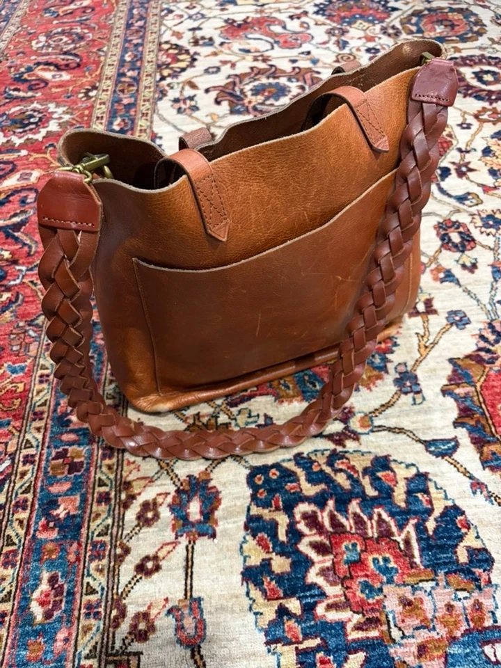Madewell кожи транспорта сумка с короткими ручками желтовато-коричневый коричневый плетеный ремень винтажный кожаный недостаток - Изображение 2 из 4