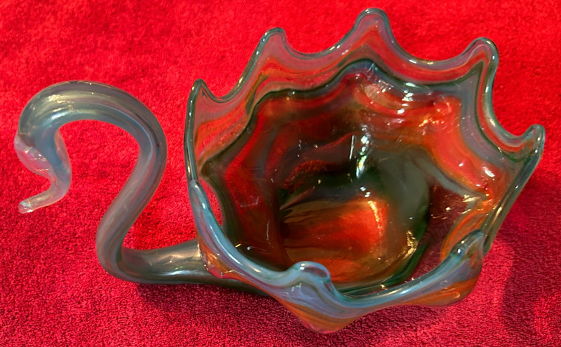 VTG Hand Blown Art Glass Centerpiece Blu/Gr SWAN Bowl Swirl-Glass 13"X 8"X 11.5"