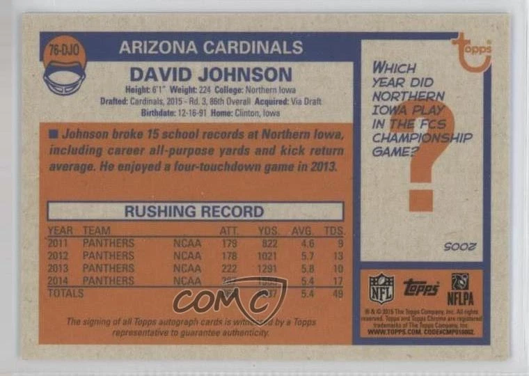 2015 Topps Chrome 1976 Football Refractor /25 David Johnson Rookie Auto RC - Image 2 of 2