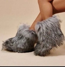 Women Faux Fur Boots Fuzzy Fluffy Furry Round Toe Fuzzy Warm Shoes Brown Flat