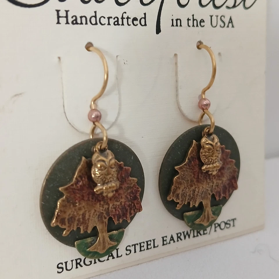 Silver Forest Jewelry Fall Color Layered Shapes Dangle Earrings Tree With Owl - Image 4 of 4