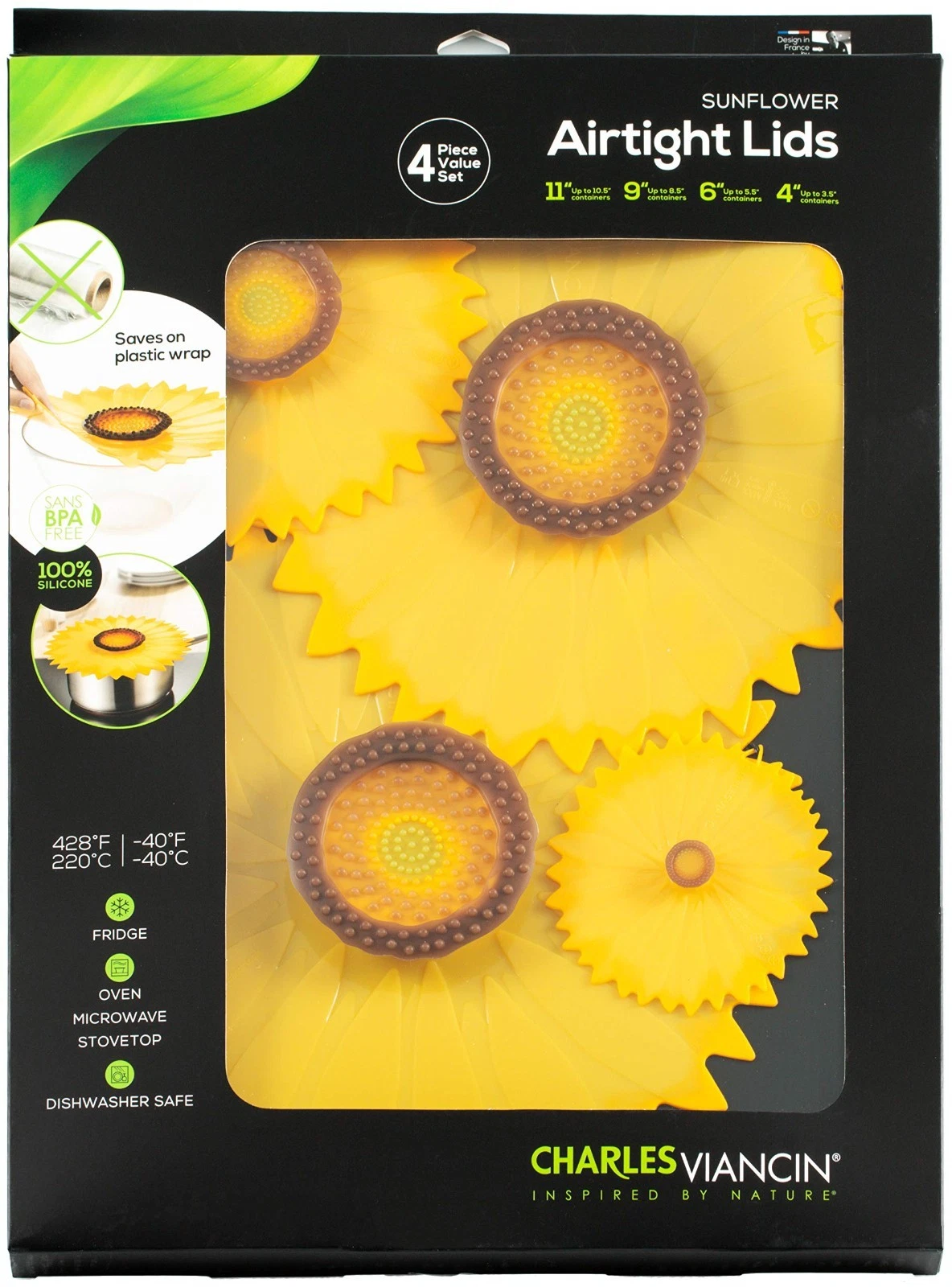 Set of 4 Silicone Food Storage Lids - Airtight Seal, Sunflower Design, 11''-4''